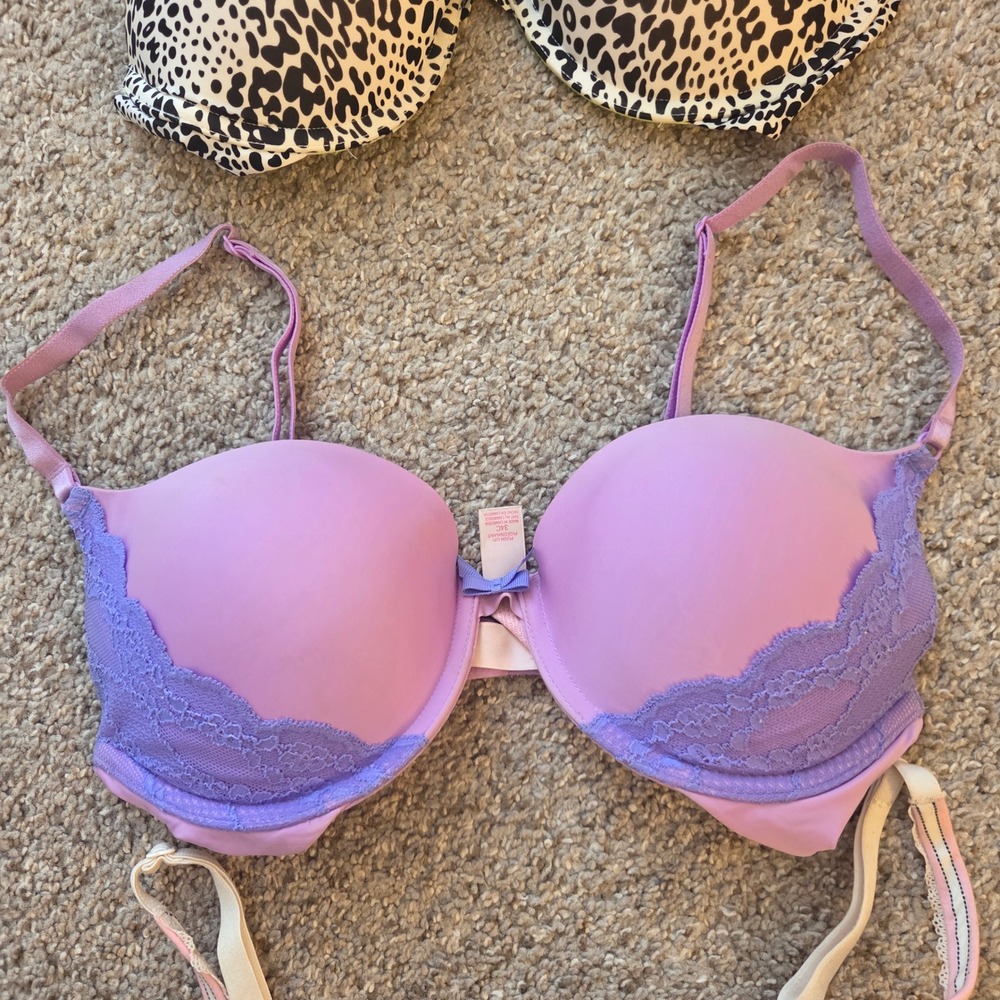 Victoria's Secret Push Up Bra 34C Leopard Lace Stripe Purple Pink Lot of 3pc - Picture 3 of 14